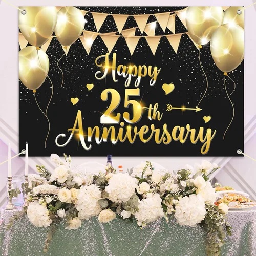 Miniatura 5 de HAMIGAR Fondo de pancarta de feliz 25 aniversario de 6 x 4 pies, 25 decoraciones de aniversario de boda, suministros para fiestas, color negro