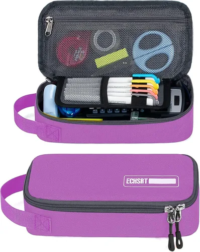 Miniatura 9 de Estuche grande para lápices, estuche duradero para bolígrafos con gran capacidad, bolsa de papelería portátil minimalista con asa para escuela, Gris