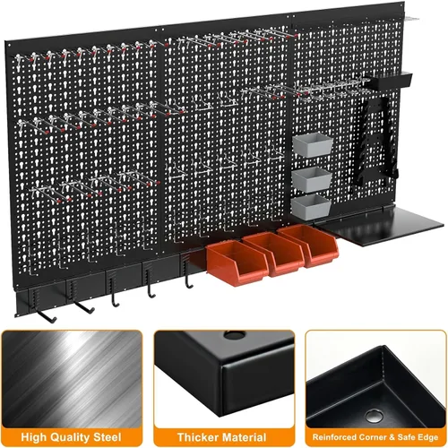 Miniatura 5 de TORACK Sistema organizador de pared de metal para garaje, 109 piezas de accesorios de tablero de clavijas, kit organizador de herramientas con cubos