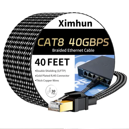 Cable Ethernet Cat 8 de 40 pies, cable de red trenzado de alta velocidad con conector RJ45 de 40 Gbps 2000 Mhz, cable LAN resistente blindado para