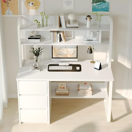 Miniatura 9 de MaverickFurni Escritorio para computadora de 60 pulgadas con estantes y hutch, escritorio de oficina en casa con 3 cajones de almacenamiento