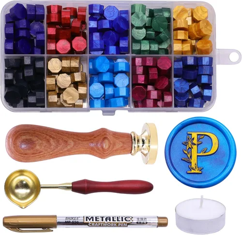 Miniatura 20 de SWANGSA Kit de sello de cera con letra inicial del alfabeto A, elegante sello de sellado de letras florales botánicas con 200 cuentas de cera