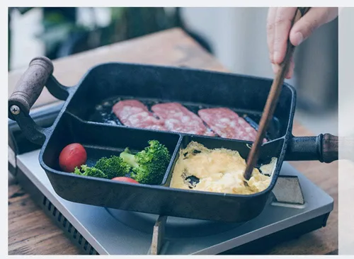 Miniatura 6 de CapriTech Sartén de hierro fundido con 3 secciones para desayuno, sartén con 2 asas de asistencia para estufa de gas y cocina de inducción