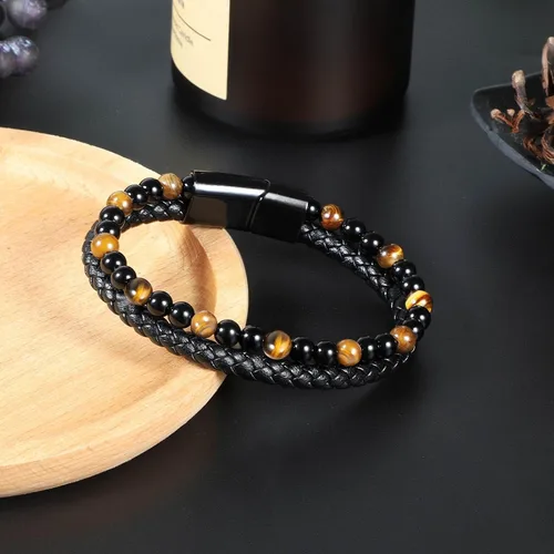 Miniatura 7 de Pulsera de cuero negro de ojo de tigre para hombre, piedra preciosa de ojo de tigre natural, joyería hecha a mano, pulsera de protección