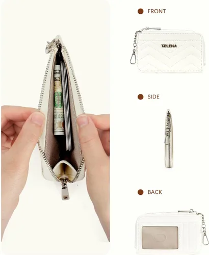 Miniatura 7 de Telena Cartera delgada para mujer, con bloqueo RFID, tarjetero de cuero con llavero plateado, color beige
