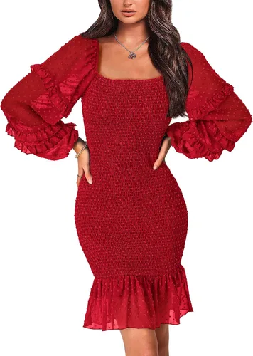 PRETTYGARDEN Vestido corto ajustado fruncido para mujer, manga larga, cuello cuadrado, lunares suizos, volantes, vestido elegante de sirena