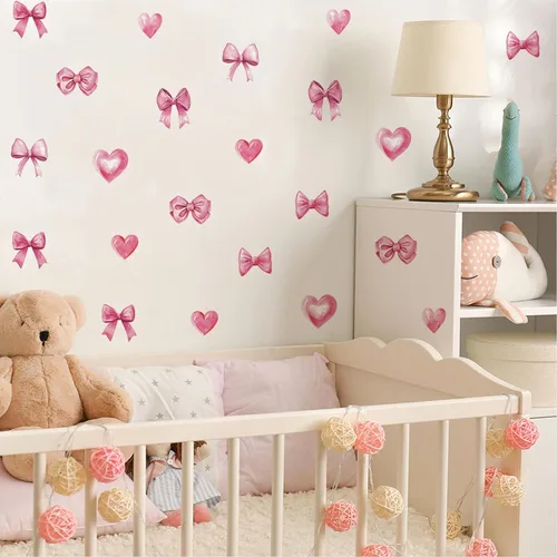 Miniatura 5 de Arawat 48 piezas de decoración de moño rosa para baño y dormitorio, calcomanías de pared de lazo y calcomanías para decoración de habitación