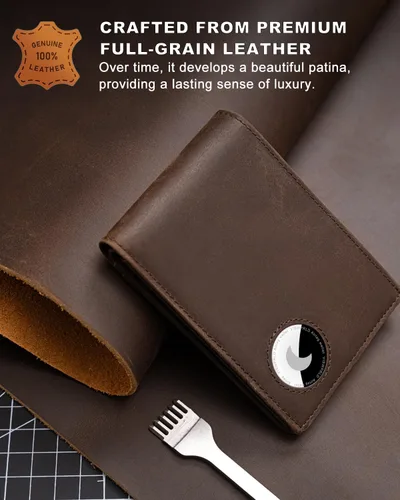 Miniatura 11 de Billetera AirTag para hombre, de piel auténtica plegable con bloqueo Rfid AirTag con ranuras para efectivo y ventana de identificación, compatible