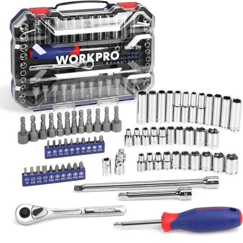 WORKPRO W003068A - Juego de 70 llaves de vaso de 1/4 pulgadas con trinquete de liberación rápida, métrico y SAE para reparación de automóviles y