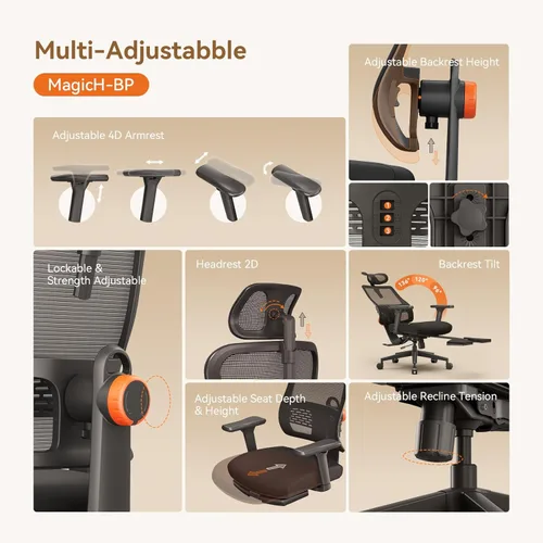 Miniatura 6 de Silla de oficina Newtral ergonómica con reposapiés, soporte lumbar autoajustable, silla de escritorio de respaldo alto con apoyabrazos 4D, bloqueo