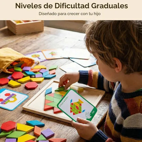 Miniatura 3 de LovesTown 209 piezas de bloques de madera con formas para niños, geométricos con tarjetas de actividades y bolsa de almacenamiento, rompecabezas