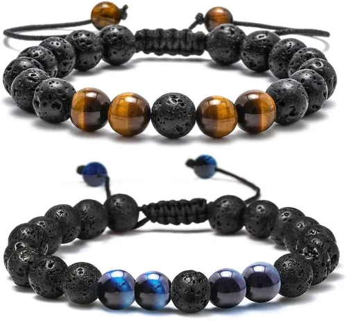 M MOOHAM - Pulseras de piedra natural para hombre, ojo de tigre de 516 de pulgada, ágata mate, piedra de lava, regalos para niños y adolescentes,