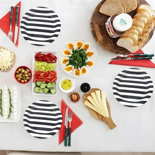 Miniatura 5 de Platos de papel a rayas negras, 72 unidades, platos redondos de fiesta de 9 pulgadas para postres, pasteles, frutas