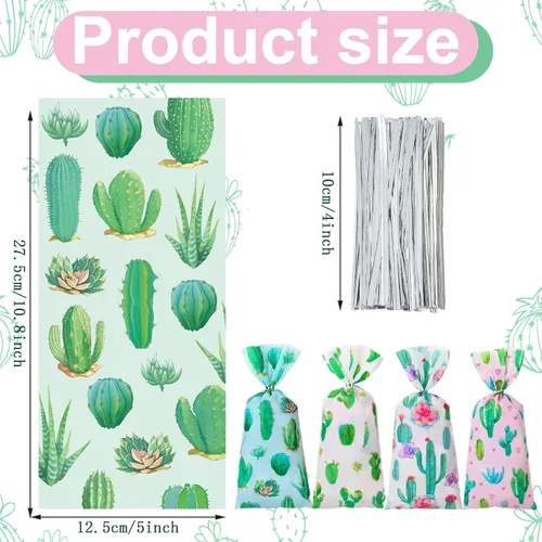 Miniatura 2 de Fulmoon 100 bolsas de caramelos de cactus florales con lazos, bolsas de celofán con lazos, regalos de fiesta, regalo de cactus, decoraciones