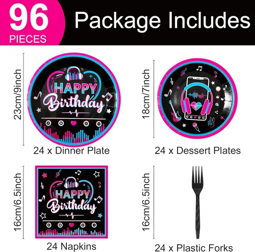Miniatura 2 de 96 piezas de suministros para fiesta musical con vajilla para niñas, juego de decoración temática musical para fiesta de cumpleaños, platos