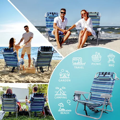 Miniatura 4 de Yestomo Sillas de playa para adultos, resistentes, compactas, portátiles, plegables, con correas de mochila y bolsa grande para enfriar, soporta