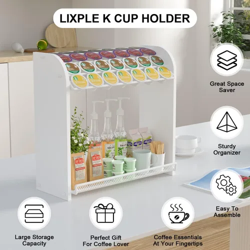 Miniatura 4 de Lixple Organizador de cápsulas de café para encimera, soporte de bambú para tazas K, organizador de estación de café de fácil montaje para barra