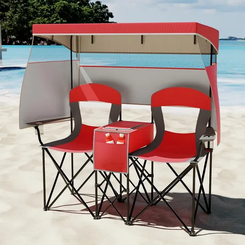 Miniatura 8 de S AFSTAR Silla de camping con toldo, silla de playa plegable para 2 personas con portavasos, cortinas de sombreado de 3 lados y bolsa enfriadora