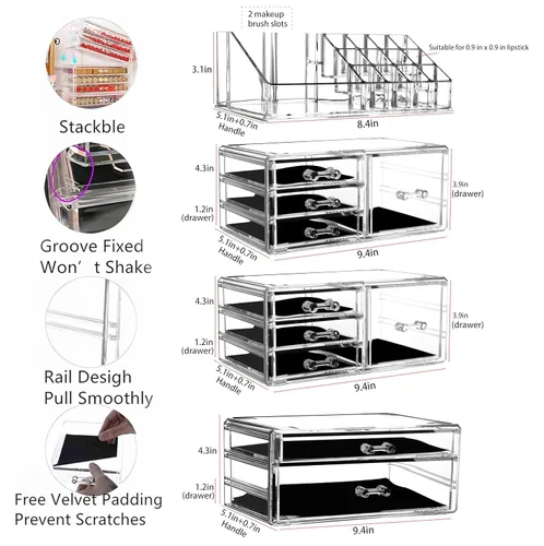 Miniatura 2 de Cq Acrylic Paquete de 4 organizadores de maquillaje transparentes, apilables con 10 cajones para tocador, joyas, pinzas para el cabello, productos