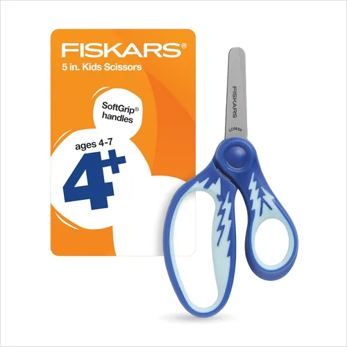 Miniatura 11 de Fiskars Tijeras SoftGrip de punta roma de 5 pulgadas para niños de 4 a 7 años (paquete de 3), tijeras para la escuela o manualidades, suministros
