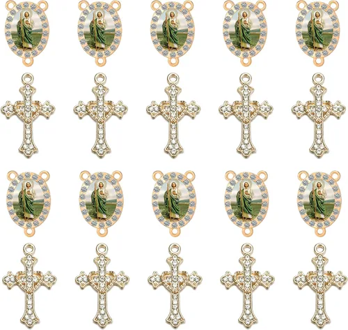 Miniatura 12 de Juego de 20 piezas de conectores de medalla de santos católicos con diamantes de imitación y dijes de cruz de cristal para suministros religiosos