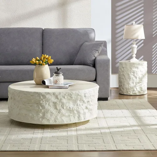 Miniatura 4 de Ø35.43'' Mesa de café redonda para sala de estar, moderna mesa de café en forma de tambor, material de fibra de vidrio, sin ensamblaje, beige