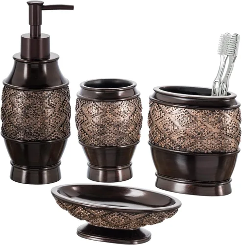 Creative Scents Dublin Brown - Juego completo de accesorios de baño de 4 piezas, juego de accesorios de baño de lujo, dispensador de jabón,