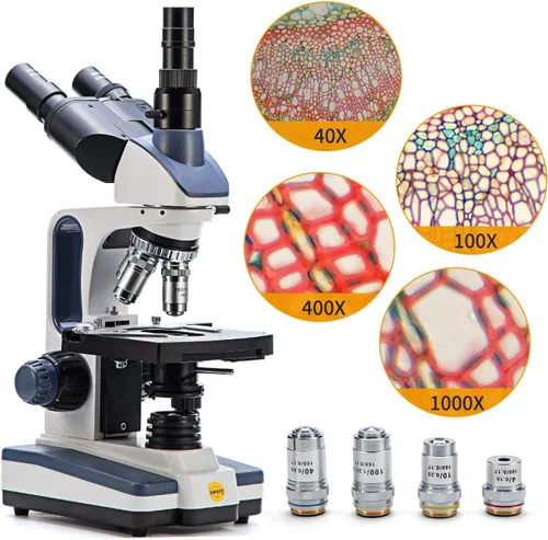 Miniatura 8 de SWIFT Microscopio compuesto trinocular SW350T, aumento 40X-2500X, cabeza de Siedentopf, grado de investigación, etapa mecánica de dos capas, cámara