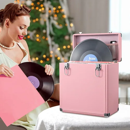 Miniatura 8 de Caja de almacenamiento de discos de vinilo Hododou con candado Organizador de discos Almacenamiento para más de 30 discos individuales de 12 Rosa