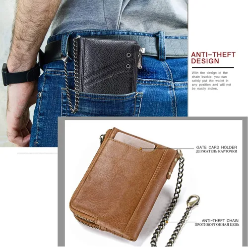 Miniatura 6 de Contacts RFID - Monedero con doble cremallera para hombre (piel, con cadena antirrobo), Marrón, talla única