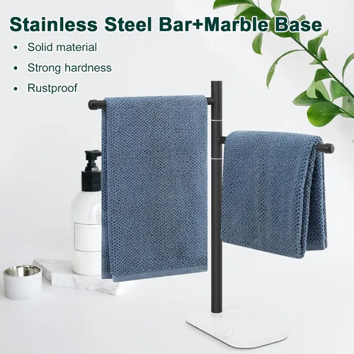 Miniatura 3 de Toallero de mano, soporte para toallas de mano en forma de F con base de mármol, barra de soporte giratorio de acero inoxidable para toalla de mano
