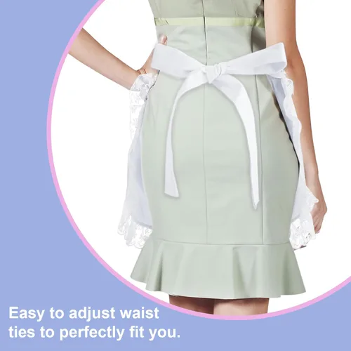 Miniatura 4 de TopTie Delantal de cintura de algodón con bolsillos para mujer, medio delantal de encaje de cocina para cocinar, disfraz de sirvienta para limpieza