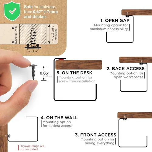 Miniatura 5 de Bandeja de organización de cables para debajo del escritorio, organizador sin taladros para escritorio de cristal. Estante perfecto para organizar