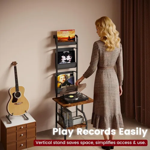 Miniatura 5 de Lutown-Teen Soporte para tocadiscos con almacenamiento de vinilo, mesa para tocadiscos con capacidad para hasta 200 álbumes, soporte giratorio de 5