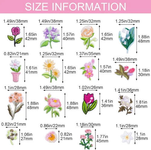 Miniatura 2 de HINZIC 20 mini parches de flores para planchar, 17 patrones, parches bordados decorativos, apliques de costura floral, apliques de San Valentín