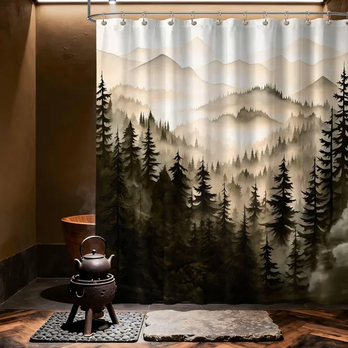 Miniatura 11 de Cortina de ducha azul marino de bosque Cortina de ducha azul oscuro de montaña y naturaleza para decoración de baño de hombres, tela impermeable