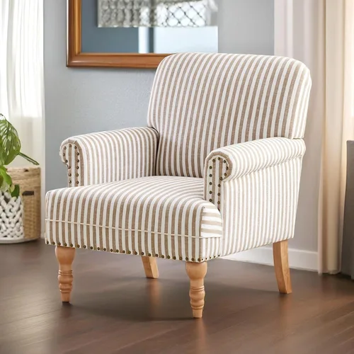 Miniatura 9 de HUIMO Silla decorativa de tela de lino, sillón moderno de mediados de siglo con patas de madera maciza, sillón individual, silla tapizada para club
