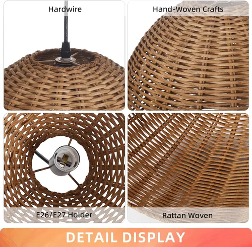 Miniatura 7 de Arturesthome 1 Luz Lámpara Colgante Tejida a Mano de Ratán, Candelabro Boho Tejido Natural Colgante en el Techo, Lámpara de Araña de Granja Costera