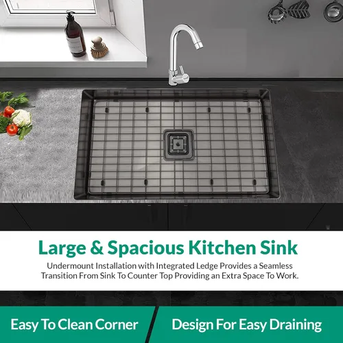Miniatura 2 de Strictly Sinks Fregadero de Cocina de Montaje Inferior de Un Solo Tazón de 32 Pulgadas – Fregadero Negro Metálico Accesorio de Estante de Diseñador