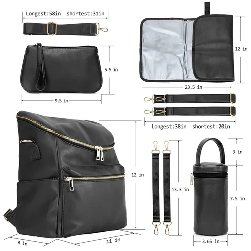 Miniatura 2 de Mochila para pañales, mochilas de cuero de moda para mamá, bolsas de pañales para bebés pequeños con organizador en bolsa y cambiador, Negro, M