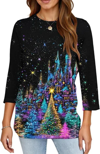 Miniatura 85 de Camisetas de manga 3/4 para mujer, cuello redondo, holgadas, casuales, con estampado floral, camisetas de moda para el trabajo de negocios