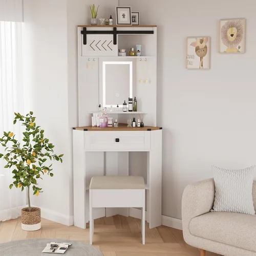 Miniatura 13 de ARTETHYS Escritorio pequeño con espejo y luces, tocador de maquillaje compacto blanco con silla, moderno tocador que ahorra espacio con cajón