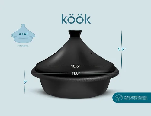 Miniatura 6 de Kook tajín marroquí, olla de cocina de hierro fundido esmaltada, tajín con tapa cerrada cónica de cerámica, 3.3 QT (Negro mate)