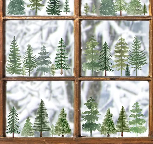 Miniatura 10 de Calcomanías de Pared de Montaña y Árbol Acuarela Calcomanías de Pared de Montaña Despegables y Adhesivas Aves Voladoras Árboles de Pino Verde