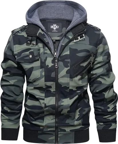 Miniatura 8 de Hood Crew - Chaqueta bomber para hombre, casual, con cuello alto, cazadora de moto, de piel sintética de poliuretano, con cremallera y capucha Marrón