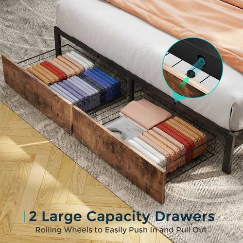 Miniatura 6 de SADENICEL Base de cama de tamaño matrimonial con almacenamiento, plataforma de cama de madera LED con cabecero, 2 cajones, estación de carga,