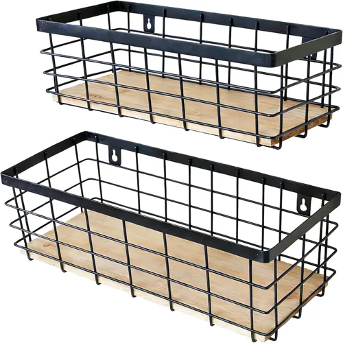 ShabbyDecor Cesta de alambre de metal, base de madera desmontable, organizador de almacenamiento, cesta colgante para armarios de cocina, baño, Negro