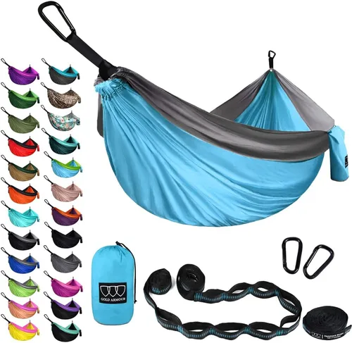 Miniatura 23 de Gold Armour Hamaca de camping – Hamaca doble XL, hamaca portátil, accesorios de camping, equipo para exteriores e interiores con correas de árbol