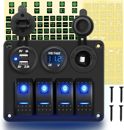 Miniatura 10 de GOOACC Panel de interruptor basculante de 3 bandas con cargador USB y encendedor de puros, interruptor de palanca de 12 V 24 V, interruptor Azul