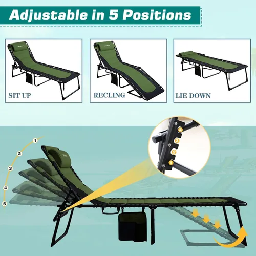 Miniatura 4 de Sillón plegable para exteriores acolchado para adultos de 264 libras, tumbona de patio para exteriores, silla de playa reclinable ajustable de 5
